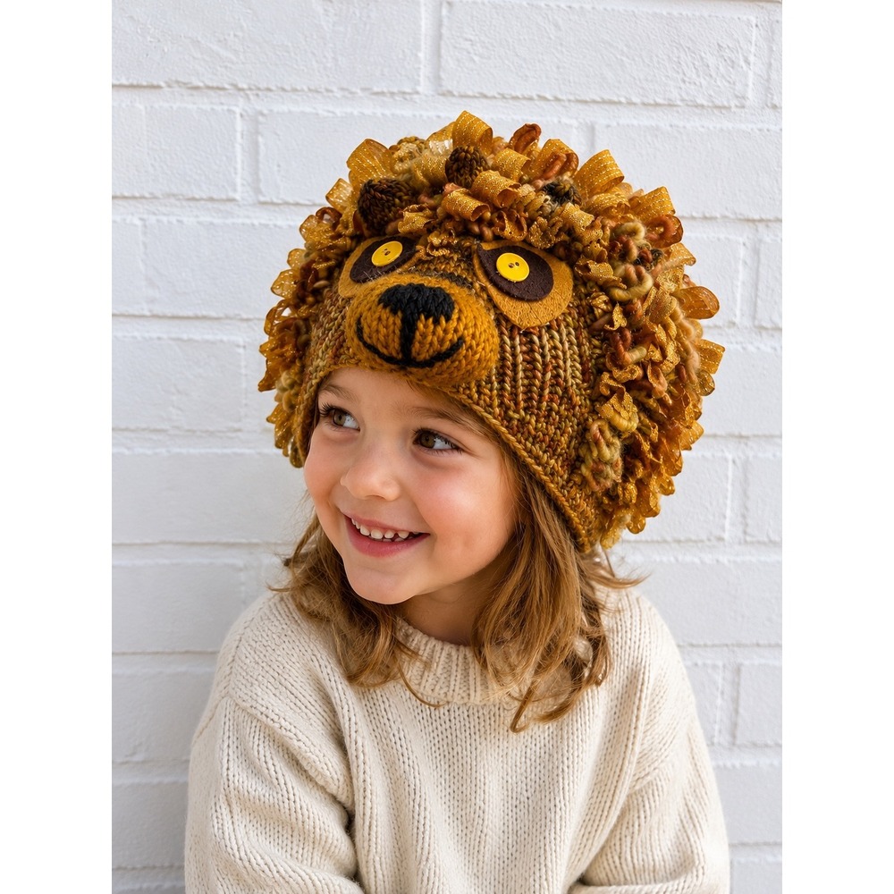 Lynn Ann Baumann Gold Wool Knit Lion Mane Costume Beanie Hat Kids OS‎